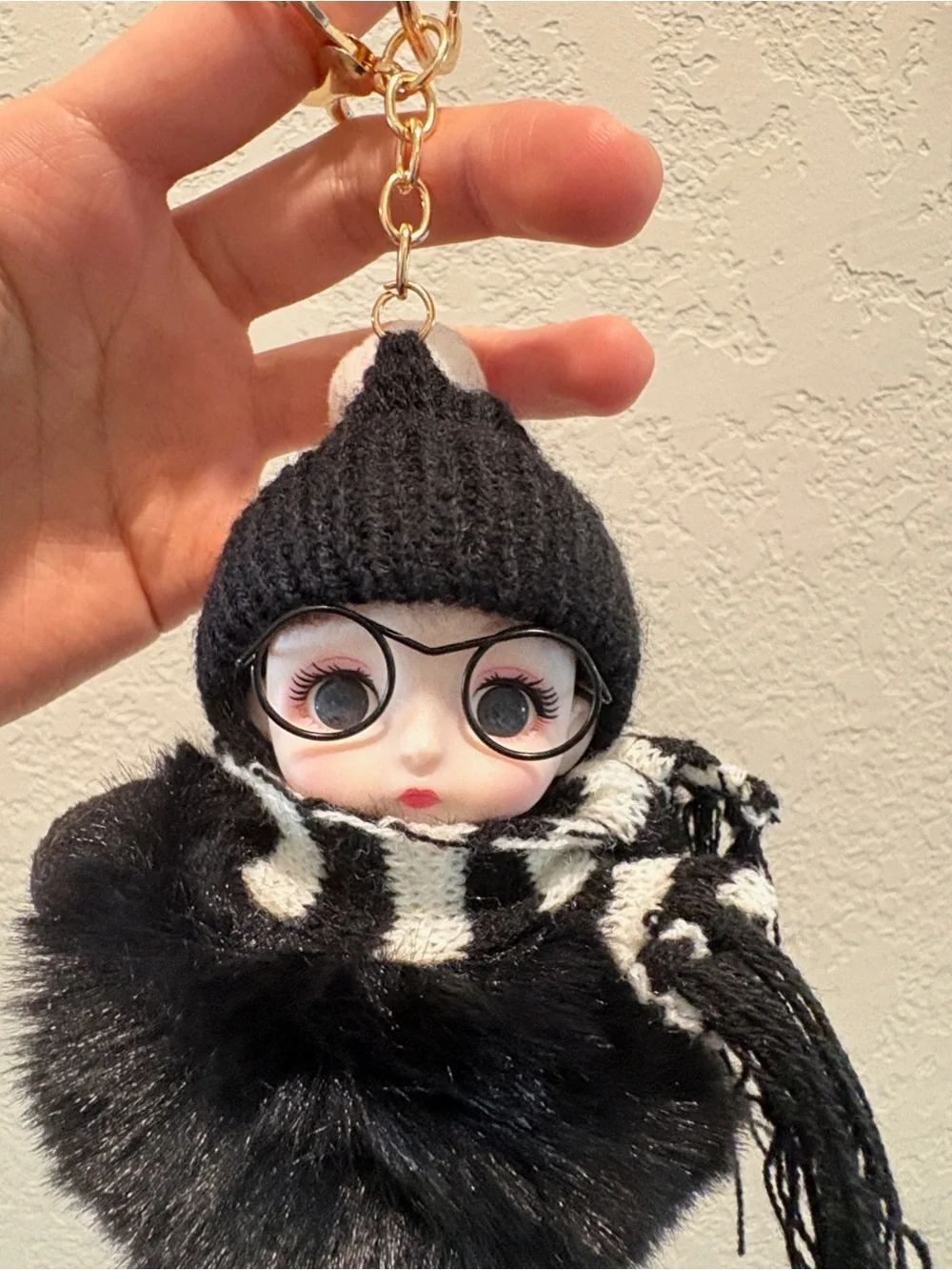 Plush Pom-Pom Doll Bag Charm Keychain with Black Knit Hat and Scarf
